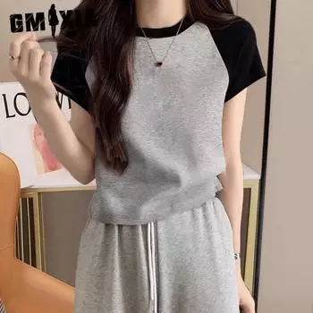 GMXIA Хлопковая пустая версия, летняя контрастная цветовая облегающая короткая футболка с короткими плечами, женская футболка с короткими рукавами, топ-тренд S белый