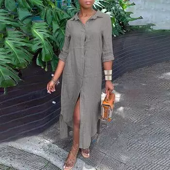 GMXIA Хлопковое льняное платье с длинной юбкой и воротником-стойкой на пуговице S серый