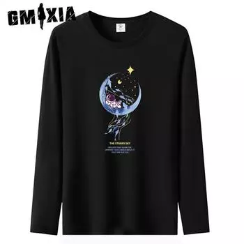 GMXIA Хлопок Длинный Рукав Модный Бренд Свободный Большой Круглый Вырез Печатный Спортивный Базовый Длинный Рукав Футболка Топ S белый