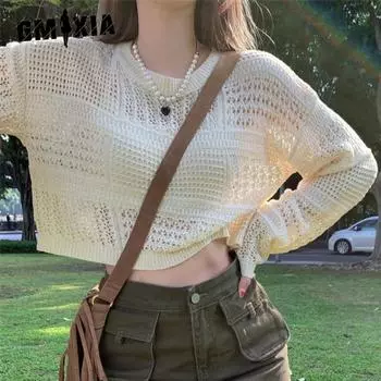 GMXIA Ажурный тонкий срез солнцезащитного трикотажного свитера, женский летний короткий параграф снаружи сетчатой рубашки, однотонные топы с длинными рукавами One size абрикосовый