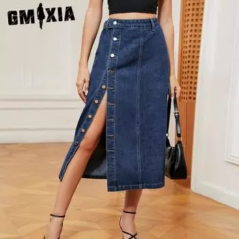 GMXIA Hottie Полуэластичная джинсовая повседневная юбка-карго Юбка Женская юбка S темно-синий