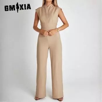 GMXIA Hundreds of Europe and The United States Solid Colour Fashion Sexy Women s Sleeveless Thin Wide-leg Jumpsuit S чёрный
