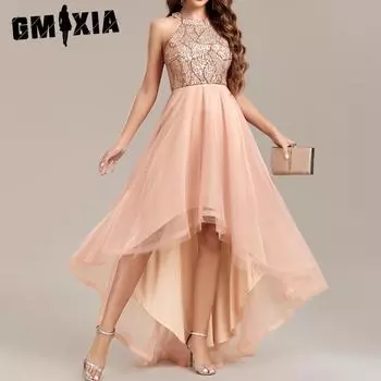 GMXIA Industry Холтер с пайетками в стиле пэчворк, многослойная сетчатая лохматая юбка без рукавов, бальное платье S золотой