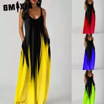 GMXIA Элегантное модное платье длиной до пола без рукавов с V-образным вырезом, простое женское летнее платье в стиле ретро с принтом, свободная талия, прямое платье S темно-синий