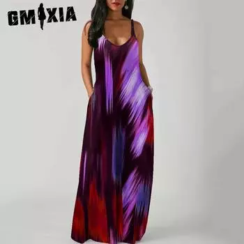 GMXIA Элегантное модное платье длиной до пола без рукавов с V-образным вырезом, простое женское летнее платье в стиле ретро с принтом, свободная талия, прямое платье S
