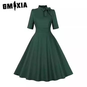 GMXIA Элегантное однотонное винтажное вечернее платье с бантом на стоячем вороте и рукавами средней длины S темно-зеленого