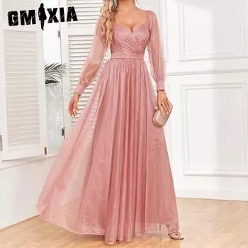 GMXIA Элегантное плиссированное вечернее платье с длинным рукавом и открытой спиной, блестящее розовое свадебное платье трапециевидной формы из тюля на полной подкладке S розовый