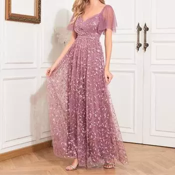 GMXIA Элегантное прозрачное вечернее платье с короткими рукавами, V-образным вырезом и U-образной спинкой, А-силуэт, свободное платье с вышивкой и сетчатой подкладкой S