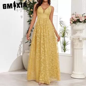 Элегантное вечернее платье GMXIA без рукавов с кружевом и двойным V-образным вырезом. Вечернее платье на подкладке с застежкой-молнией по всей длине сзади. S