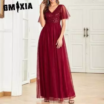 GMXIA Элегантное вечернее платье с v-образным вырезом, винно-красное, женское, трапециевидное, на молнии сзади, в сетку, с блестками, с коротким рукавом, свадебное платье S бордовый