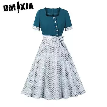 GMXIA Элегантное винтажное женское платье-халат с юбкой-солнце в стиле пэчворк в горошек и бантом S павлин голубой