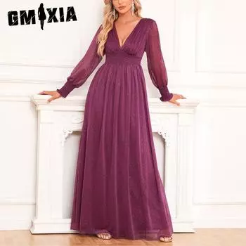 GMXIA Элегантное женское эластичное блестящее платье с длинным рукавом и v-образным вырезом, плиссированное, с эластичной талией, платье на полной подкладке S