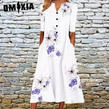 GMXIA Элегантные женские платья с V-образным вырезом, коротким рукавом, на пуговицах, вечернее платье, женское летнее винтажное платье с принтом, повседневные свободные цветочные женские платья S