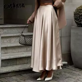 GMXIA Юбка-бюстье, женская летняя новая темпераментная элегантная атласная атласная длинная юбка с высокой талией, длинная юбка до середины тела S хаки