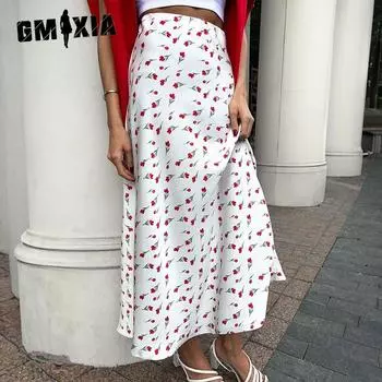 GMXIA Юбка длиной до половины тела с раздавленным цветком. Весенний темперамент. Элегантная юбка трапециевидного силуэта с высокой талией. Рыбий хвост и вишневый принт. S белый