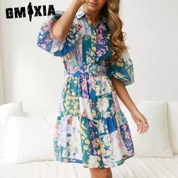 GMXIA Юбка-фонарик с принтом в стиле бохо, однобортное платье А-силуэта с короткими рукавами и поясом S озеро синий