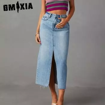 GMXIA Юбка из денима с разрезом, женская, с высокой талией, стираная, А-силуэт, средней длины S темно-синий