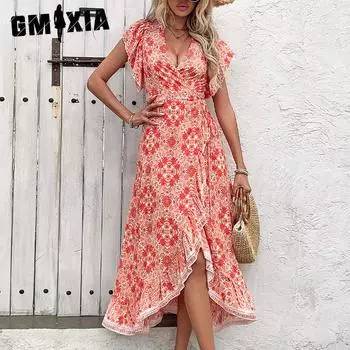 GMXIA Юбка Летнее Платье Макси с V-образным вырезом и запахом Цветочное Платье S