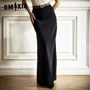 GMXIA Юбка с бретелькой «рыбий хвост» Весенняя атласная атласная длинная юбка с бретелькой на бретельках «рыбий хвост» с завышенной талией S чёрный