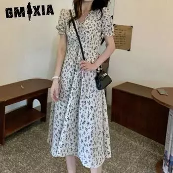 GMXIA Юбка с цветочным принтом, маленькая, средней длины, с коротким рукавом, маленькое, свежее платье, фея S