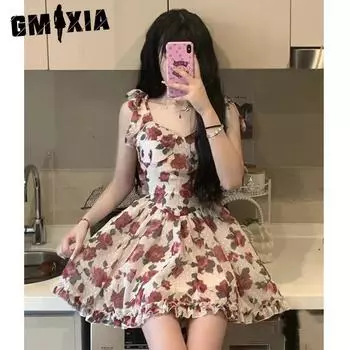 GMXIA Юбка с цветочным принтом, женская летняя юбка, чистое романтическое утягивающее розовое платье без рукавов S