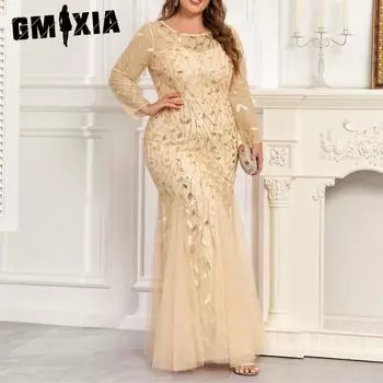 GMXIA Длинный рукав Круглый вырез Полная подкладка Молния сзади Юбка Рыбий хвост Вышитое вечернее платье XL