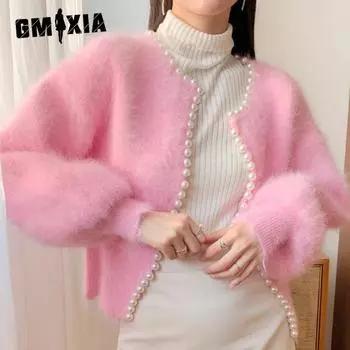 GMXIA Джемпер Женское Пальто Осень Новый Темперамент Имитация Норки Вязаный Кардиган One size белый