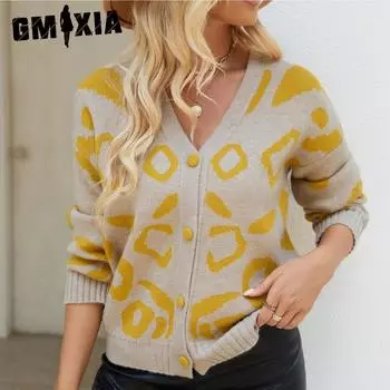 GMXIA Кардиган с леопардовым принтом для осени и зимы, однобортный вязаный свитер с V-образным вырезом и длинными рукавами для кардигана S серый