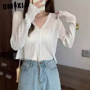 GMXIA Кардиган Sun Knit Женский Летний Кружевной Вырез с Небольшой Накидкой Тонкое Пальто Женское One size