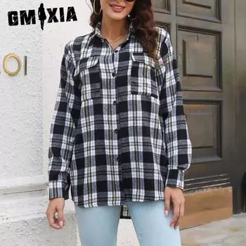 GMXIA Клетчатая рубашка шерстяная с длинными рукавами средней длины свободная рубашка блузка для женщин S чёрный