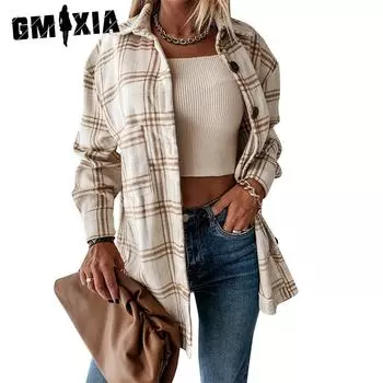 GMXIA Клетчатая рубашка женская осень-зима свободная средней длины шерстяное пальто женские куртки и пальто S розовый