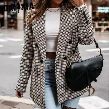 GMXIA Клетчатый принт осень-зима длинный рукав поло воротник маленький пиджак S