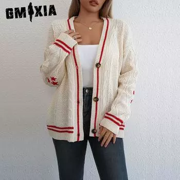 GMXIA Вязаный кардиган женский осень и зима свободный ленивый стиль вышивка звезды вязаный свитер кардиган пальто женский S белый