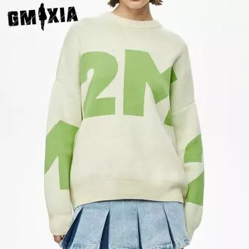 GMXIA Вязаный свитер свободного кроя с круглым вырезом на осень-зиму S зелёный