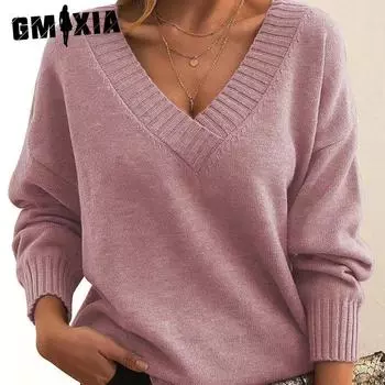 GMXIA Трикотажный пуловер Топ женский Свободный V-образный вырез Повседневный универсальный трикотаж для женщин S