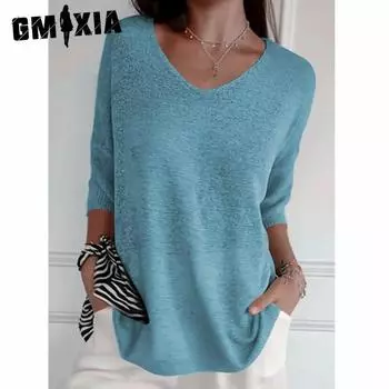GMXIA Трикотаж Повседневный свитер Тонкий V-образный вырез Семиточечный рукав Однотонный трикотаж База для женщин S имбирный