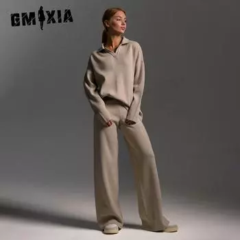 GMXIA Комплект для вязания на осень и зиму, свитер, трикотажный свитер с воротником-поло + широкие брюки, комплект из двух предметов S чёрный