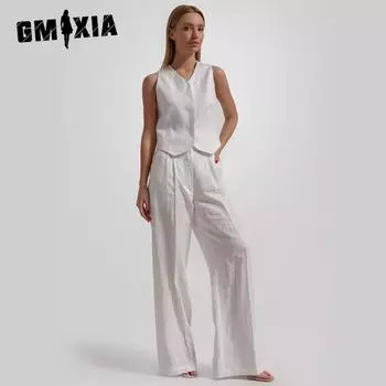 GMXIA Комплект из жилета и длинных брюк, летний повседневный чисто-белый жилет без рукавов с V-образным вырезом, комплект из жилета и длинных брюк S белый