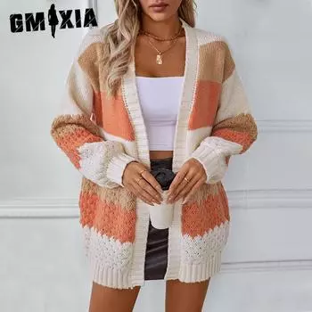 GMXIA Контрастный цвет полосатый свитер кардиган женский осень и зима повседневный свободный трикотаж с рукавами-фонариками S оранжевый
