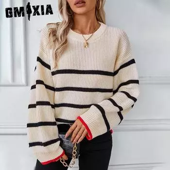 GMXIA Контрастный цветной полосатый свитер-пуловер для женщин осень-зима повседневный трикотаж с длинными рукавами для женщин S абрикосовый
