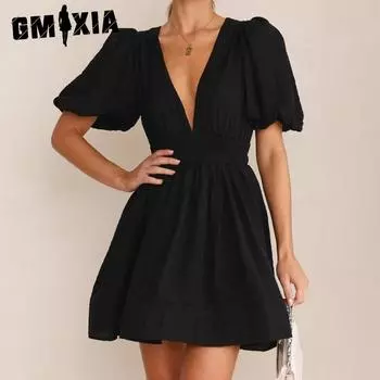 GMXIA Короткая юбка сексуальная V-образный вырез рукав-фонарик талия принцесса юбка женское платье с коротким рукавом юбка S чёрный
