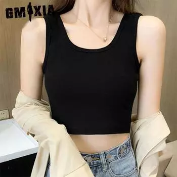 GMXIA Короткий топ для женщин, без рукавов, весна и лето, черный, Hyuna, на улице, чтобы носить облегающий укороченный жилет с лямкой на шее, маленький жилет M