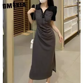 GMXIA Короткое рукава POLO платье женское летнее больших размеров плиссированная талия утягивающая юбка M