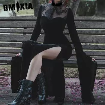 GMXIA Хэллоуин костюм ведьмы сексуальное разрез длинное платье кружево ажурные расклешенные рукава платье женское S чёрный