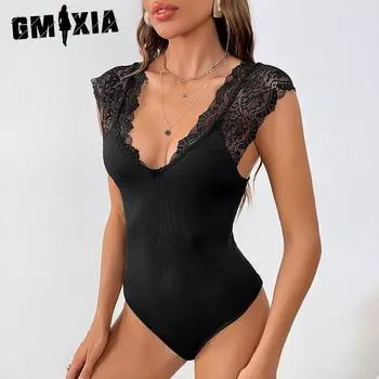 GMXIA Кружевной комбинезон с большим V-образным вырезом, сексуальный цельный топ Summer Spice Slim-fit S чёрный