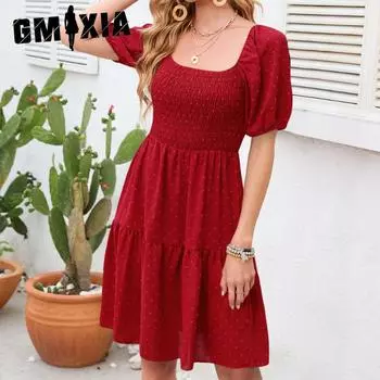 GMXIA Квадратный вырез на завязках Милое мини-платье Летний свитер Бальные платья S красный