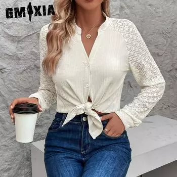 GMXIA Кружевной топ с вышивкой, осенняя женская перспектива, длинный рукав, воротник-стойка, кардиган, рубашка S абрикосовый
