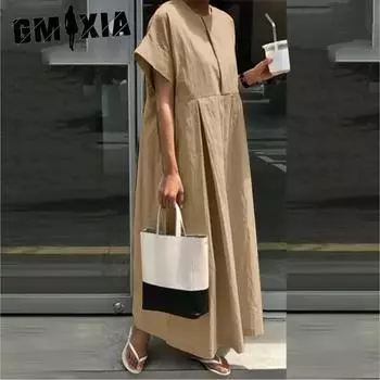 GMXIA Large Size Loose Cotton Linen Dress O-neck Long Dress Temperament College Style Mori Women s Bottoming Shirt Leisure Dress S хаки