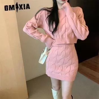 GMXIA Lazy Wind утолщенный трикотажный джемпер с юбкой, женский тонкий комплект из двух предметов с длинными рукавами и высокой талией One size белый