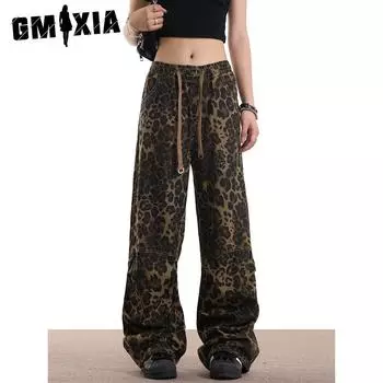 GMXIA Leopard Print Pants Spring Straight Hip Hop Hop Cargo Casual Pants S цветной печати леопарда